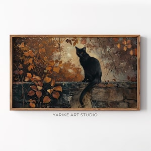 ムーディな秋の絵画 Samsung FRAME TV アート、黒猫 TV アートフレーム、感謝祭の装飾、リビングルーム TV アート、デジタルダウンロード、200