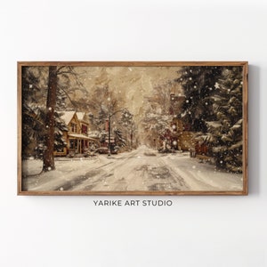Vintage Winter Town Night Frame Tv Art, Christmas Frame Tv Screensaver, Warm Tone Holiday Winter Village Landscape Painting, 83-TV