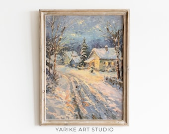 冬の散歩の油絵：雪に覆われた村の風景（デジタルアートワーク