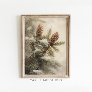 Vintage Christmas Pine Tree Branch Print, Winter Art, Holiday Decor, Moody Neutral Holiday Art, Fir Tree in the snow | YARIKE | 301-AI