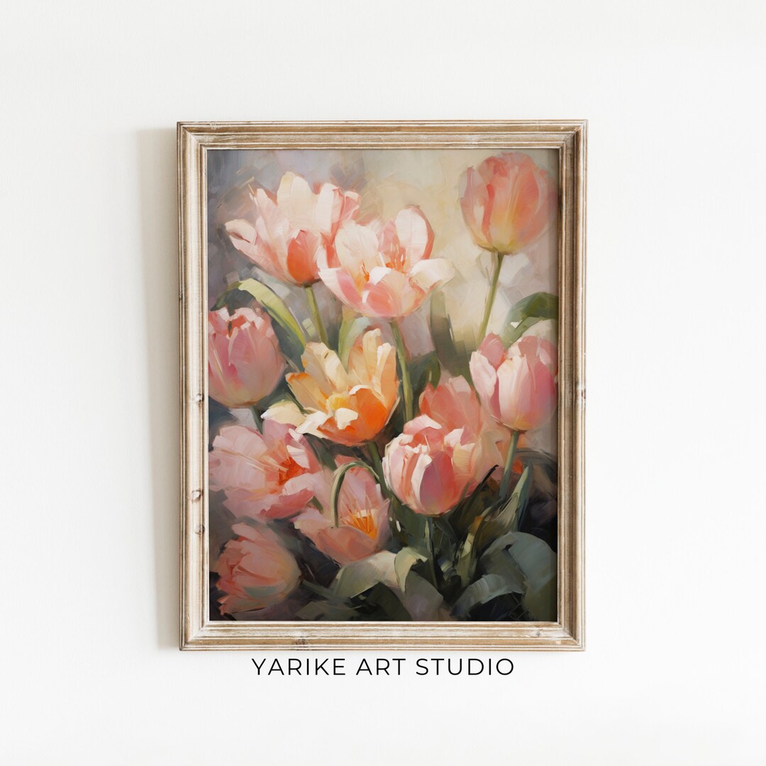 Vintage Pink Tulips Painting, Dark Floral Art Print (digital Download ...