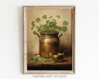 Vintage Four Leaf Clover Still Life Print, Rustic St Patricks Decor (Digital Download)