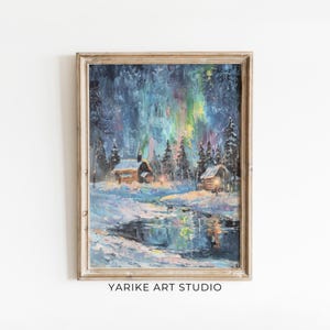 Impressionist Winter Northern Lights Scene Oil Painting | Vintage Winter Landscape Print | Aurora Borealis Wall Art | Cozy Cabin Decor | 744