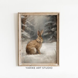 Bunny Oil Painting, Vintage Winter Rabbit Art Print, Christmas Wall Art, Pet Painting, Bunny Christmas Decor Cute | YARIKE | 300-AI
