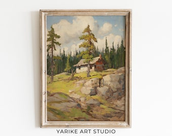 Forest House, Vintage Country Oil Painting, Vintage Landscape Art Print, Vintage Farmhouse Wall Art, Printable Green Landscape Painting, 614