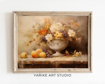Vintage Peonies Still Life Painting | Moody Botanical Print (Digital Download)
