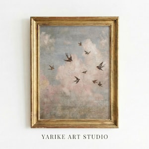Könnte beinhalten: Gerahmtes Gemälde im Vintage-Stil mit einem Himmel mit Wolken und mehreren Schwalben im Flug. Das Kunstwerk hat einen goldfarbenen Rahmen und den Text "YARIKE ART STUDIO" unten.