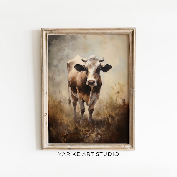Vintage Cow Print | Neutral Country Wall Art | Cow Art | Rustic Farmhouse Decor | Antique Farmhouse | Oil Painting Downloadable Print 191-AI