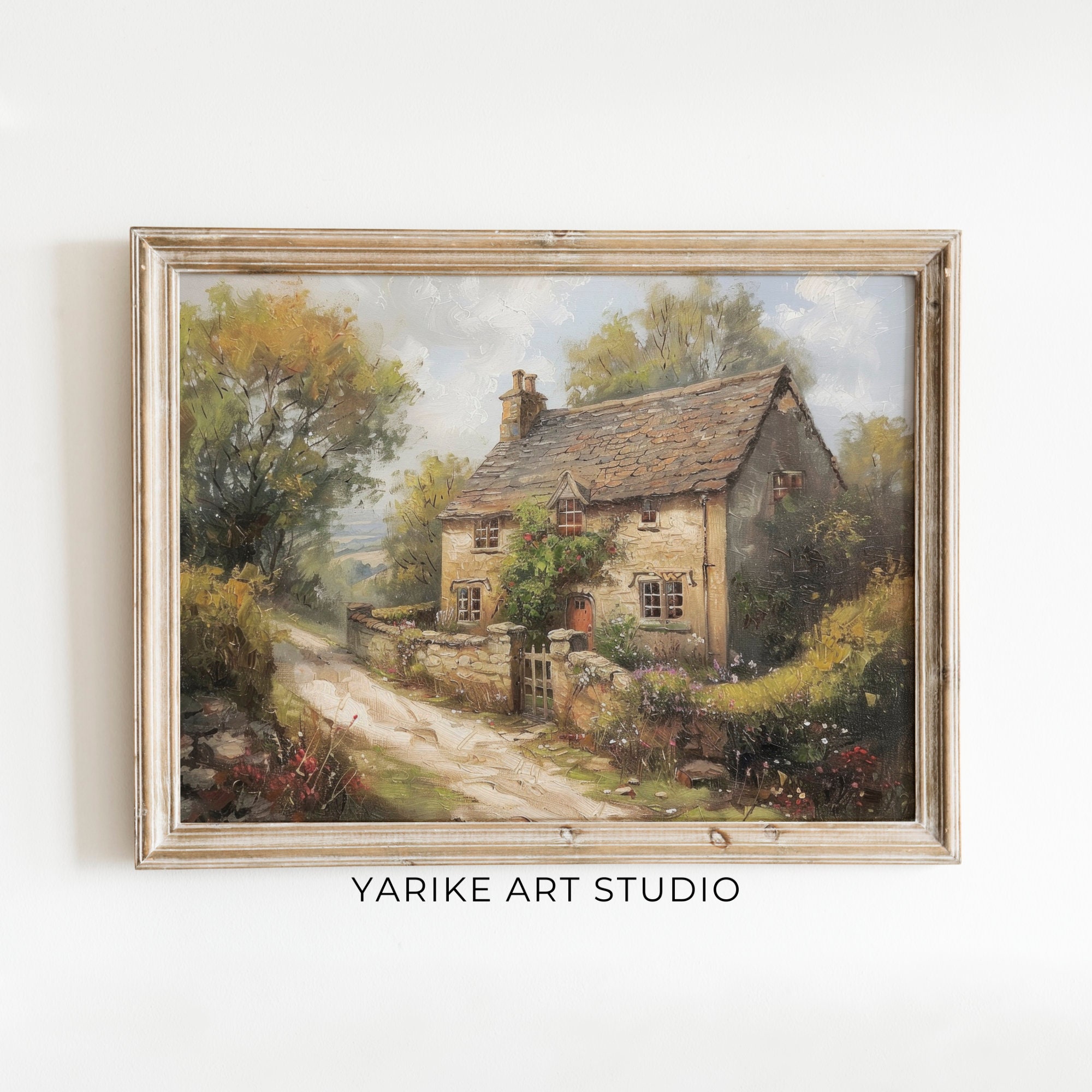 Vintage Cottage House Painting, English Countryside Art (digital