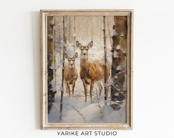 Forêt enneigée Art mural Cerf Peinture Noël Mur Art Imprimable Rustique vintage Décor de Noël Nature Mur Art Hiver Décor saisonnier 31-AI