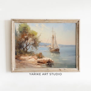 Muted Coastal Sailboat Print | Vintage Nautical Painting | Oil Painting Sign | Neutral Seascape Print | PRINTABLE Wall Art | YARIKE | 220-AI