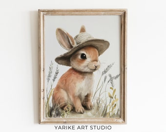 Rustic Bunny in Hat Print, Cottagecore Easter Decor (Digital Download)