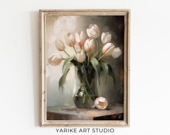 Moody White Tulips Painting Vintage Art Print Flower Print Dark Floral Print Farmhouse Decor Printable Wall Art Digital Download 479