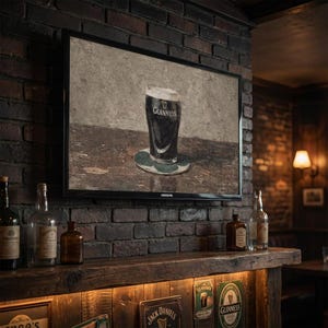 May include: A framed painting of a pint of Guinness stout on a coaster, displayed on a brick wall. The painting is above a wooden bar with bottles and vintage signs. The TV is a Samsung.