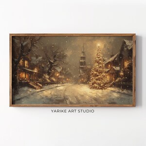 Vintage Winter Town Night Frame Tv Art, Christmas Frame Tv Screensaver, Warm Tone Holiday Winter Village Landscape Painting, 88-TV