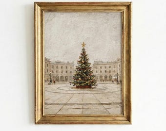 Arte mural de árbol de Navidad vintage para plaza de ciudad / Pintura navideña europea antigua / Decoración festiva de ciudad invernal