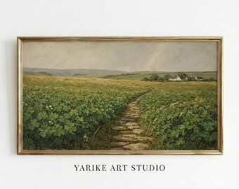 Irish Clover Fields Landscape TV Frame Art | Serene Countryside Path Oil Painting