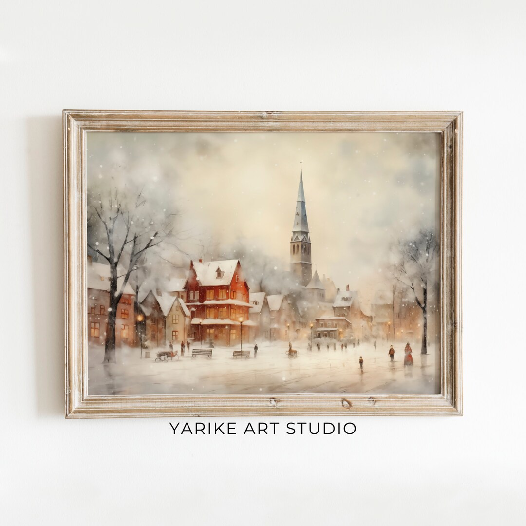 Winter Village Watercolor Painting | Snowy Town Holiday Decor (digital ...