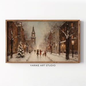 Vintage Winter Town Night Frame Tv Art, Christmas Frame Tv Screensaver, Neutral Holiday Winter Village Landscape Painting, 80-TV