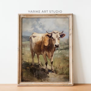 Vintage Cow Print | Neutral Country Wall Art | Cow Art | Rustic Farmhouse Decor | Antique Farmhouse | Oil Painting Downloadable Print 245-AI