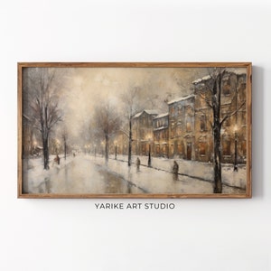 Vintage Winter Town Evening Frame Tv Art, Christmas Frame Tv Screensaver, Neutral Holiday Winter Village Landscape Painting, 84-TV