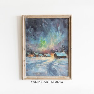 Vintage Northern Lights Oil Painting | Impressionist Aurora Borealis Arctic Wall Art | Christmas Winter Scene Print | Cozy Cabin Decor | 745