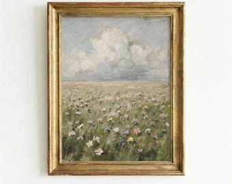 Vintage målning av vildblomsäng | Mjuk pastelllandskap | Utskrivbar väggkonst