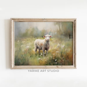 Lamb Field Landscape | Sheep Painting, Farm Animal Print, Vintage Wall Decor, Antique Oil Painting, Printable Digital Download, 630