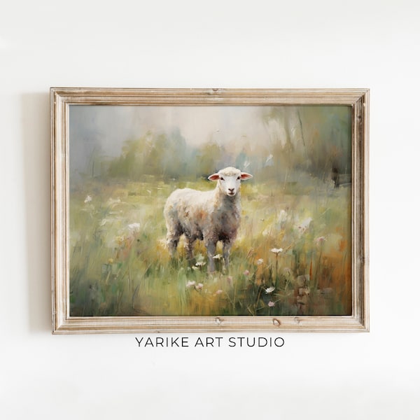 Lamb Field Landscape | Sheep Painting, Farm Animal Print, Vintage Wall Decor, Antique Oil Painting, Printable Digital Download, 630