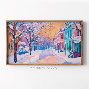 Colorful Snowy Town Samsung Frame Tv Art, Vintage Winter City Landscape Frame Tv Screensaver, TV Digital Screensaver, Christmas Decor, 281
