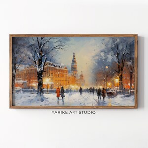 Vintage Winter Town Night Frame Tv Art, Christmas Frame Tv Screensaver, Neutral Holiday Winter Village Landscape Painting, 11-TV