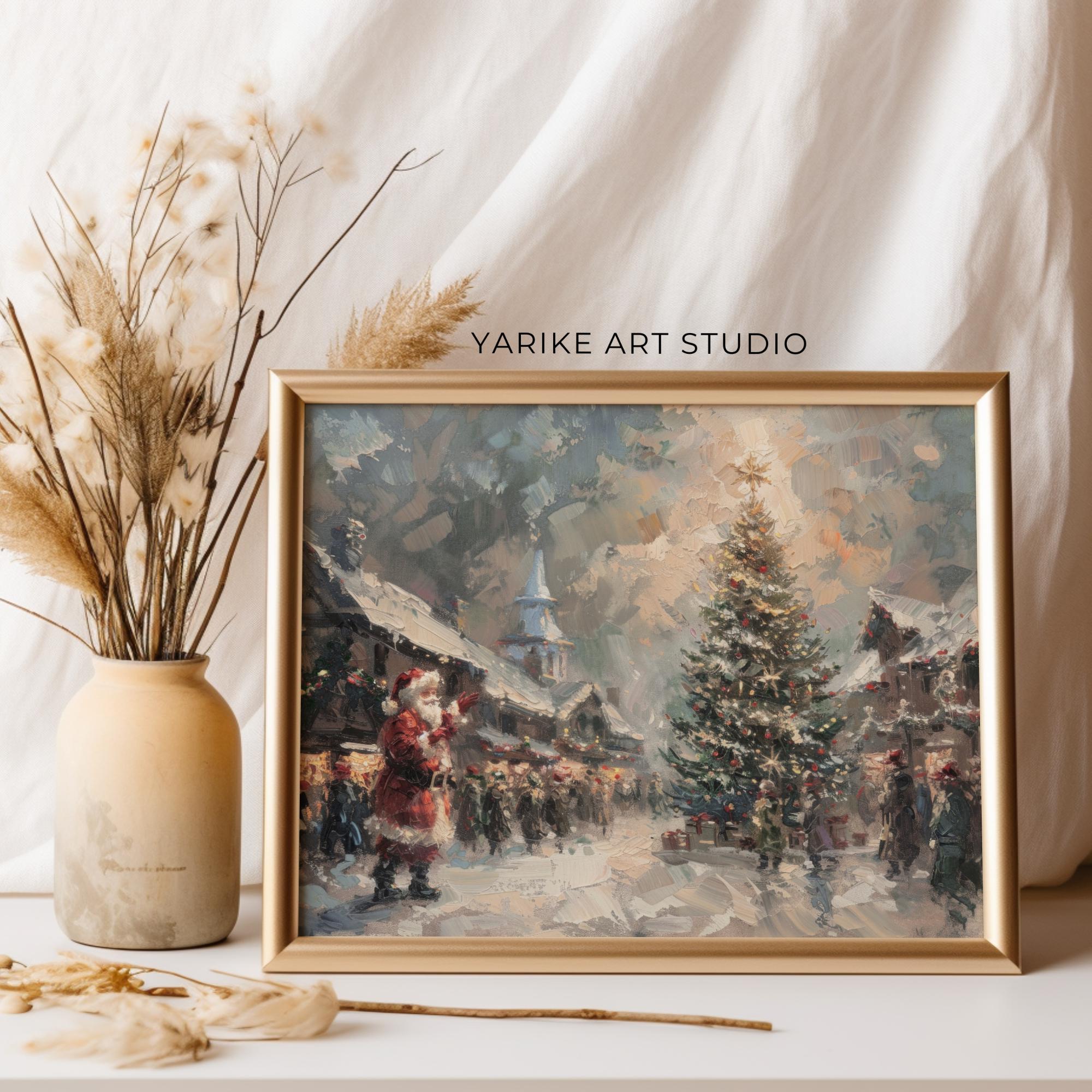 ヴィンテージサンタクロースのクリスマスツリーの絵画 | 冬の街並み