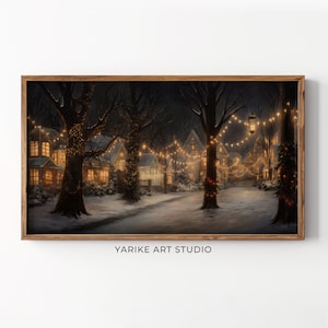 Moody Winter Village Night Frame Arte de TV, Protetor de tela de TV com moldura de árvores de Natal vintage, Arte de TV com moldura de Academia Escura de Natal, 85-TV