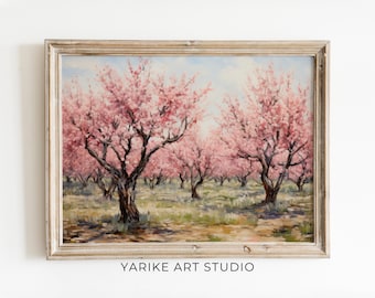 Kirschblüten Obstgarten Druck, Vintage Frühlingslandschaft (Digitaler Download)