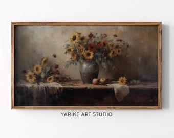 Vintage Sunflower Still Life Painting, Rustic Autumn TV Art (Digital Download)