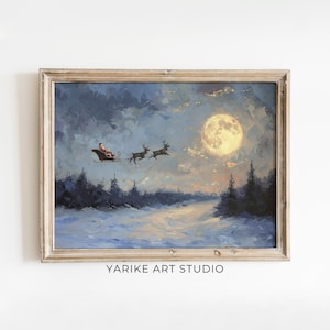 Santa&#39;s Moonlit Journey | Vintage Santa Claus Reindeer Sleigh Ride Painting | Winter Landscape Print | Cabin Christmas Decor | 760