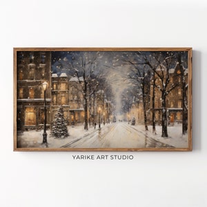 Vintage Winter Town Night Frame Tv Art, Christmas Frame Tv Screensaver, Neutral Holiday Winter Village Landscape Painting, 37-TV