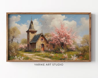 Kirschblüten Kirche Rahmen TV Kunst | Vintage Frühlingslandschaft (Digitaler Download)