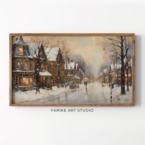 Vintage Winter Town Night Frame Tv Art, Christmas Frame Tv Screensaver, Neutral Holiday Winter Village Landscape Painting, 76-TV