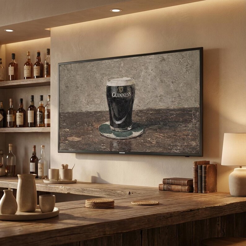 May include: A framed print of a pint of Guinness stout on a coaster. The dark beer is in a tall glass with the Guinness logo. The print is mounted on a wall above a wooden bar with bottles and glasses.