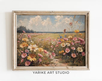野生の花畑のヴィンテージ風景画、田舎の草原アート（デジタル