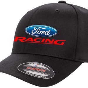 May include: Black baseball cap with a blue and white Ford logo and red "Racing" text. The cap has a Flexfit label on the underside of the brim.