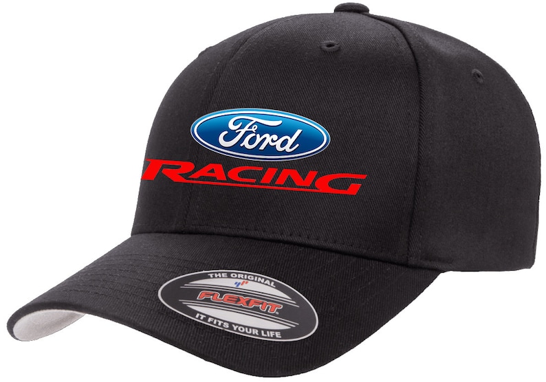 May include: Black baseball cap with a blue and white Ford logo and red "Racing" text. The cap has a Flexfit label on the underside of the brim.