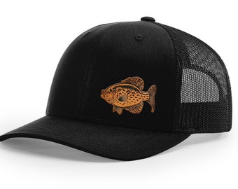 Crappie Fishing Hat Laser Engraved Leather Patch Richardson 112 Snapback Trucker Baseball Cap