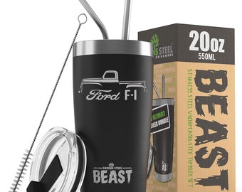 May include: A 20 ounce stainless steel tumbler with a black and silver design. The tumbler features a silhouette of a Ford F-1 pickup truck and the text "Ford F-1". The tumbler is part of a set that includes a lid, two straws, and a straw cleaning brush. The box for the set is brown with the text "BEAST" in large black letters.