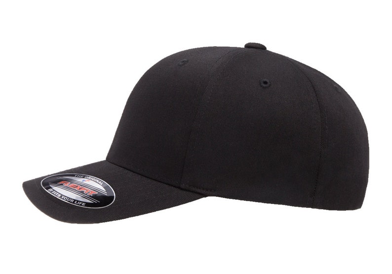 May include: A black fitted baseball cap with a curved brim and a black and white logo that says "Flexfit The Original Fit Your Life".