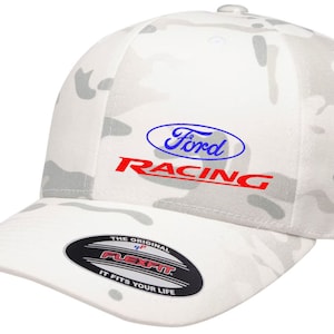 May include: White camouflage baseball cap with a blue oval logo that says "Ford" and red text that says "Racing". The cap has a black Flexfit label that says "The Original Flexfit It Fits Your Life".