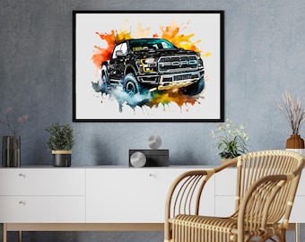May include: A black Ford pickup truck with a watercolor splash background. The truck is driving through a muddy area with splashes of water and dirt flying up around it. The truck has a black grille and headlights, and the Ford logo is visible on the front.