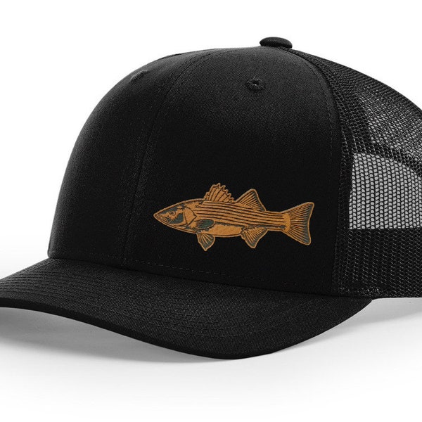 Striper Striped Bass Fishing Hat Laser Engraved Leather Patch Richardson 112 Snapback Trucker Baseball Cap