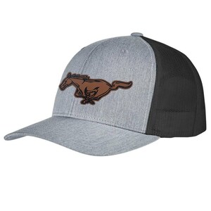 May include: A gray and black trucker hat with a brown leather Mustang logo on the front.